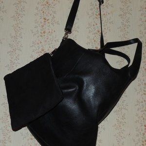 black purse man made black faux leather wide open with clutch purse